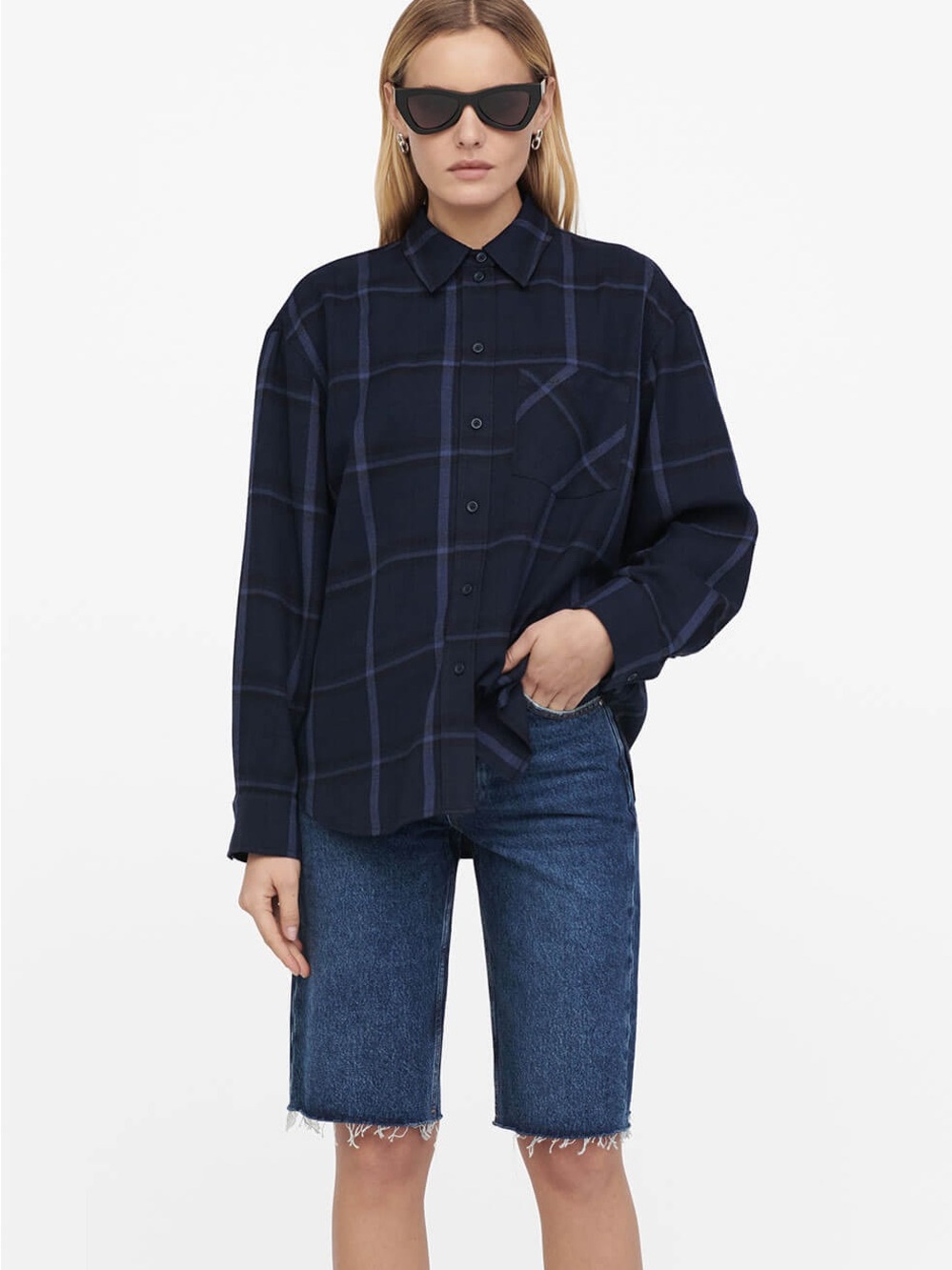Anine Bing Navy and Black Plaid Button-Down Shirt